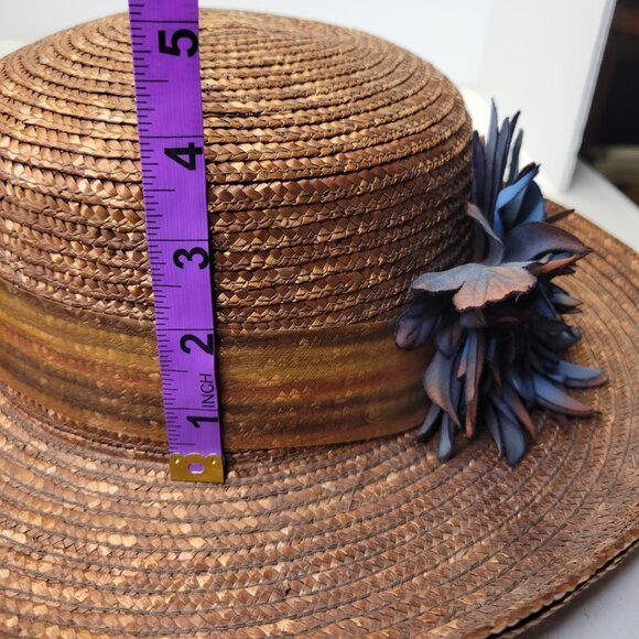 Brown Wide Brim Hat Light Braided Hat With Large Blue Flower Accent NEW! - Picture 10 of 11